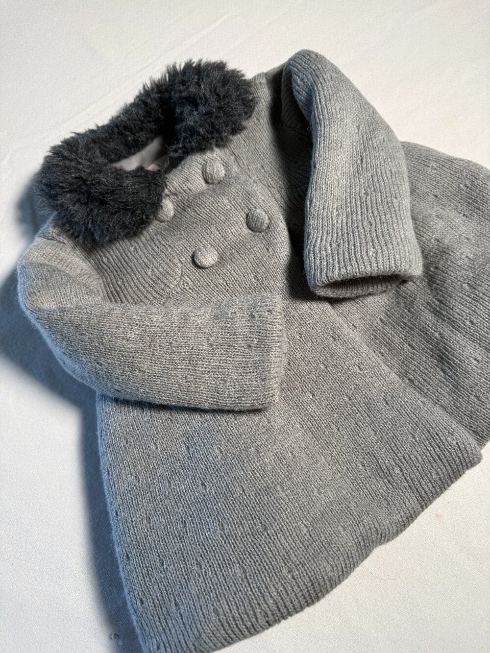 Catherine Malandrino Girls Grey Knit Sweater Coat with Faux Fur Collar 12M